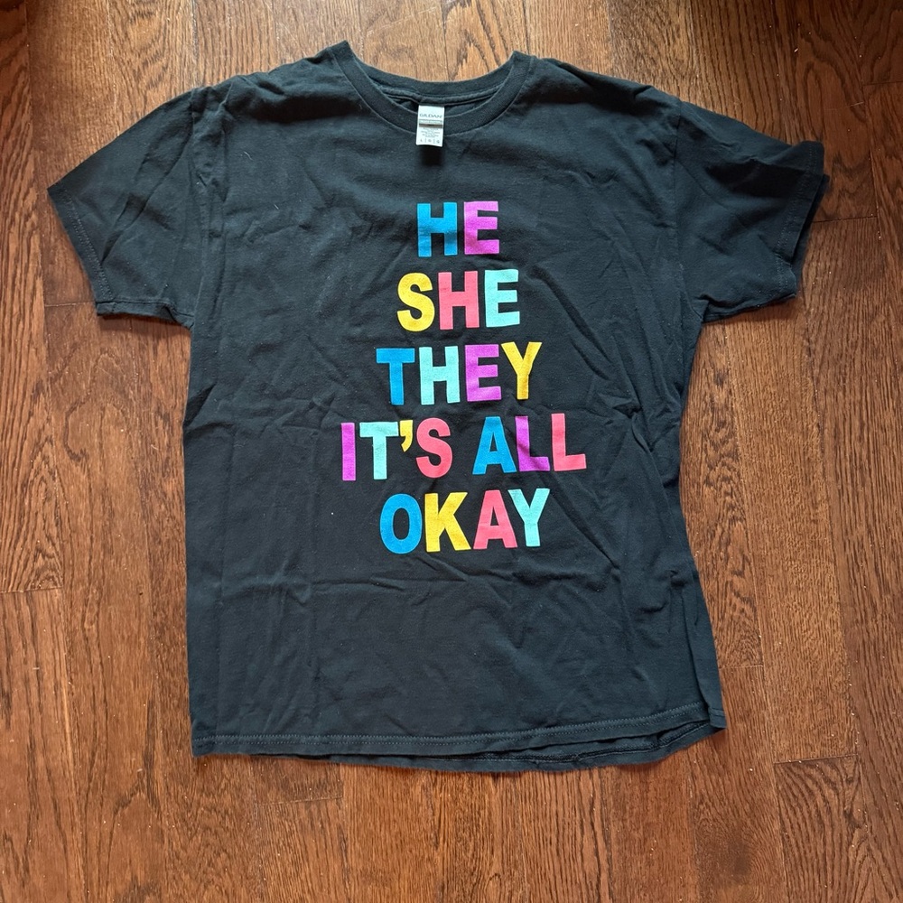Gildan Black Tee with Multicolored Text